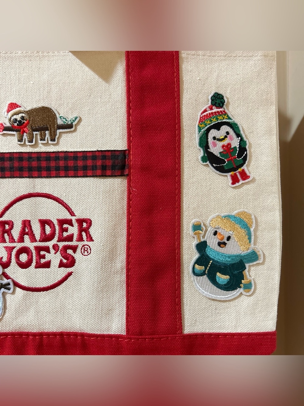 Upcycled Trader Joe's Red & Cream Holiday Tote Bag - Picture 3 of 5